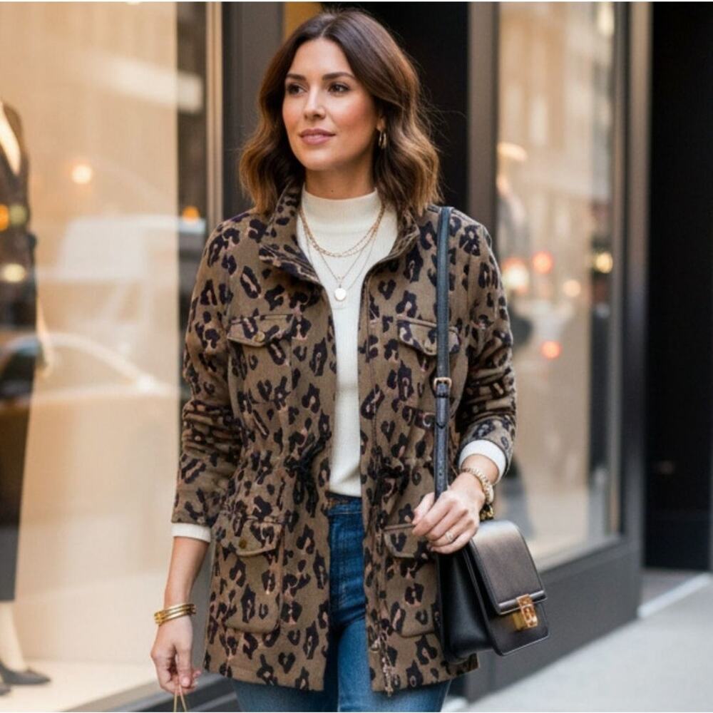 Anthropologie Tabitha Leopard Utility Jacket Olive Drawstring Zip Jacket Small